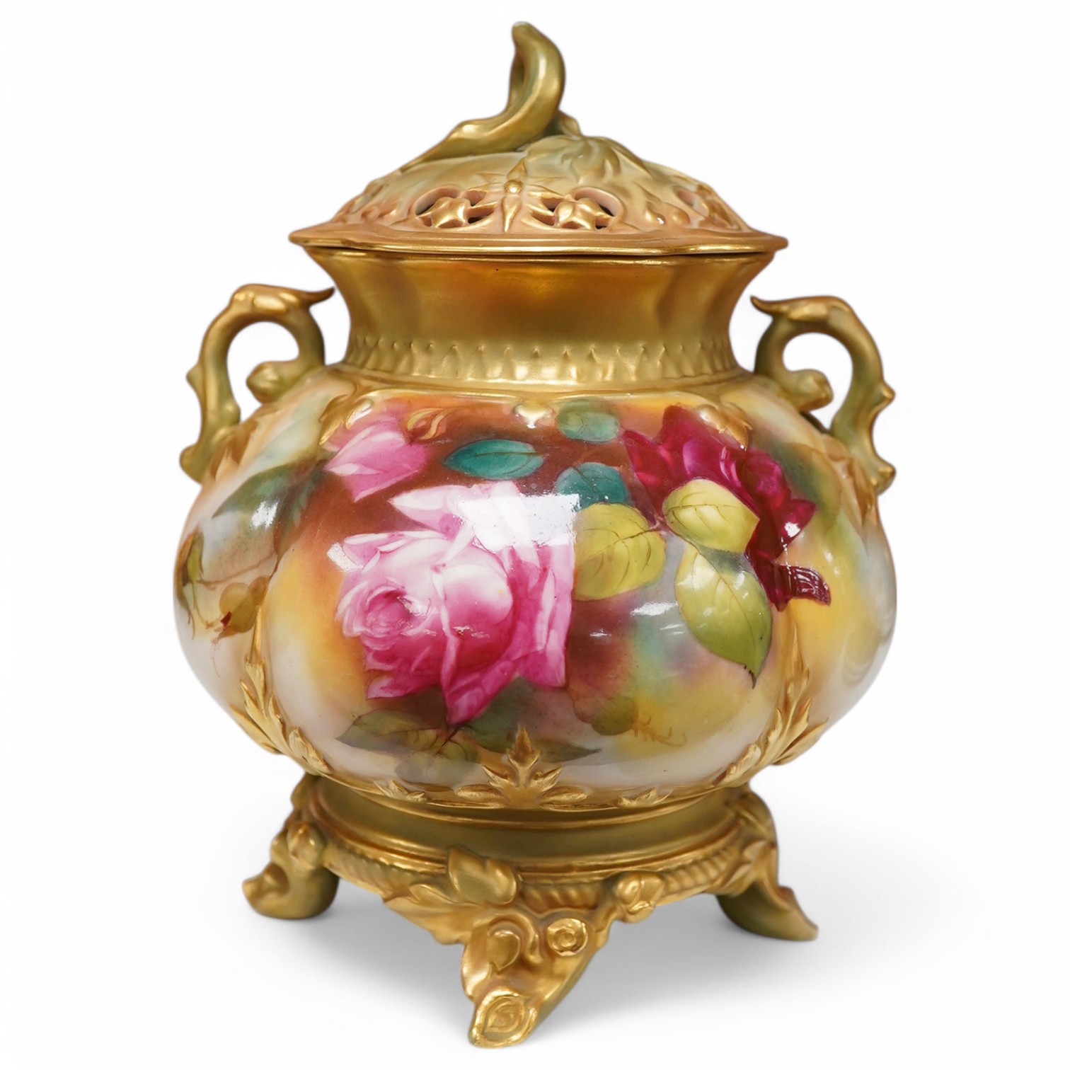 A Royal Worcester rose decorated pot pourri, 19cm high. Condition - handle to cover damaged